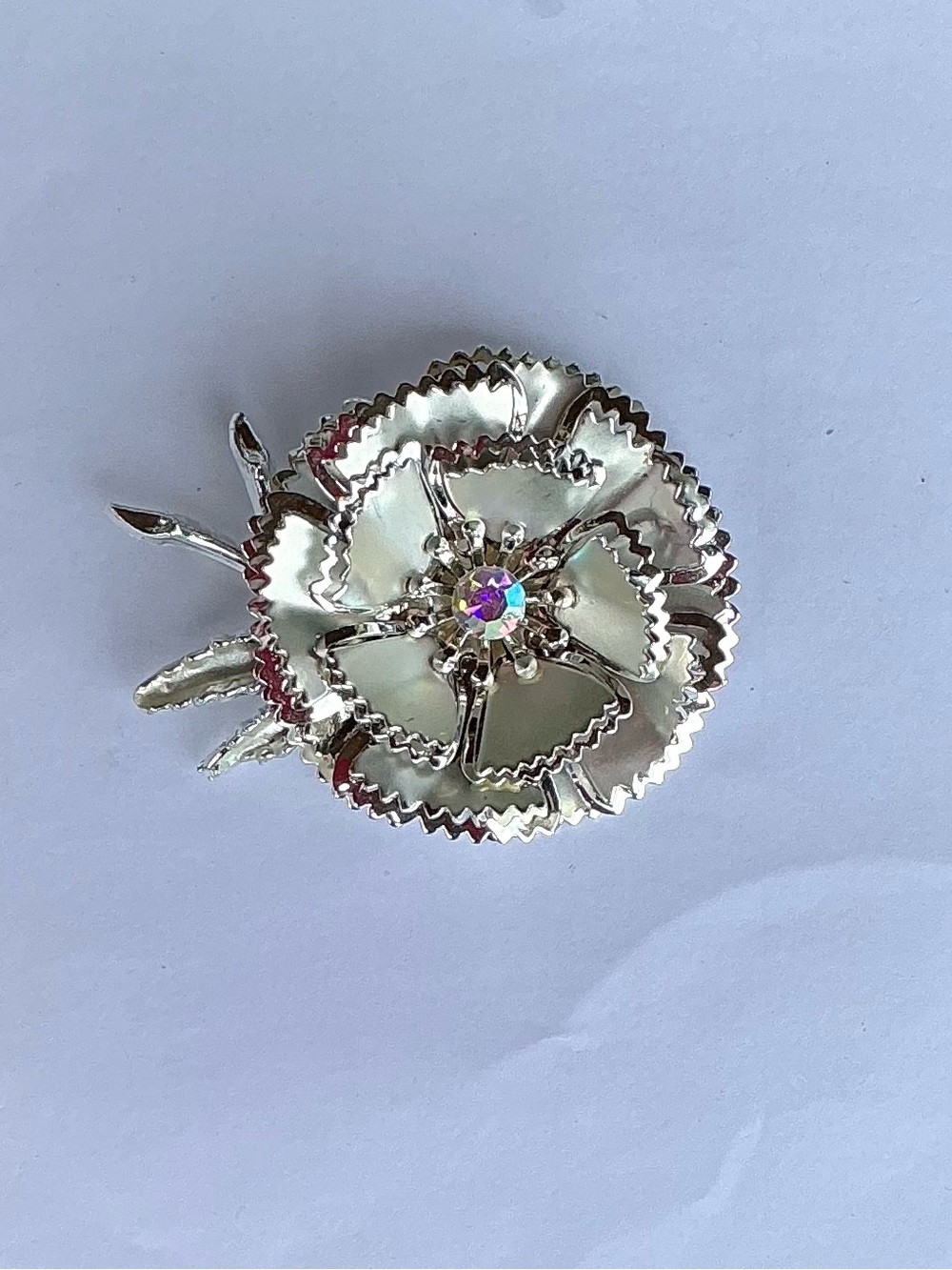 Vintage 3D Silver Toned layered Brooch with AB stone to set it off